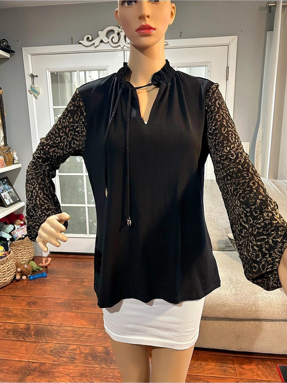 Michael Kors Black & Gold Animal Print Sleeve Blouse Size Medium